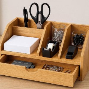 Bamboo Desktop Organizer with Drawer and Compartments for Office Supplies