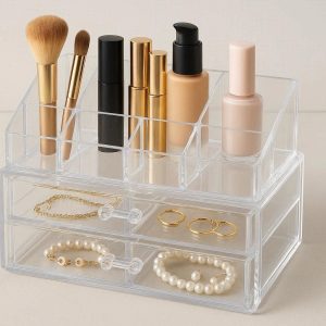 Acrylic Desktop Organizer with Clear Compartments for Cosmetics and Jewelry