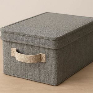 Fabric Desktop Storage Box with Lid and Handles for Home and Office