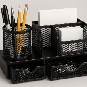 Metal Desktop Organizer with Drawer and Cup Holder for Office Essentials