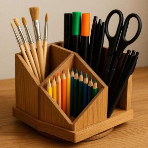 Wooden Desktop Caddy with Rotating Compartments for Art Supplies