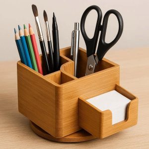 Bamboo Pen Holder with Rotating Design for Art Supplies and Stationery