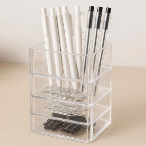 Acrylic Pen Holder with Clear Stackable Compartments for Desk Organization