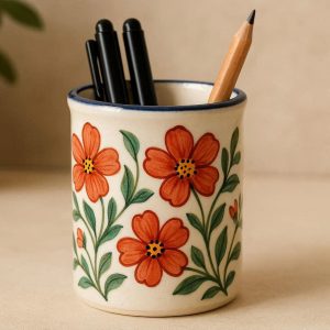 Ceramic Pen Holder with Hand Painted Floral Pattern for Home Decor